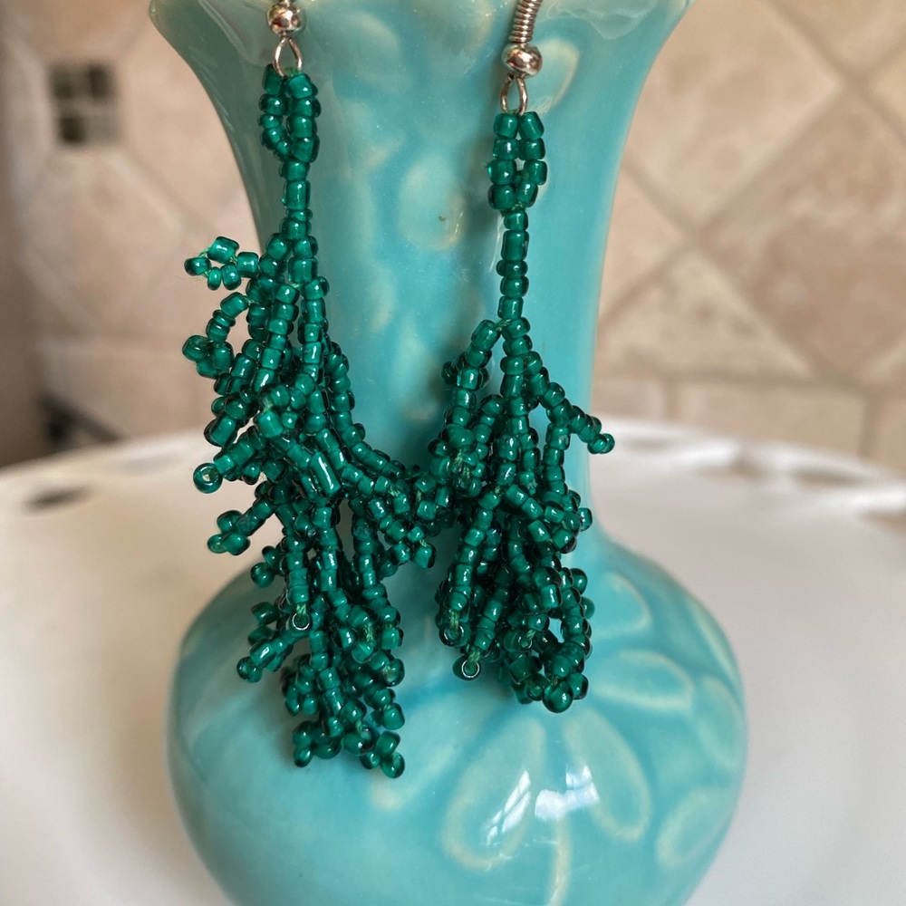 Hand-made Beaded Green “Coral” Dangle Earrings